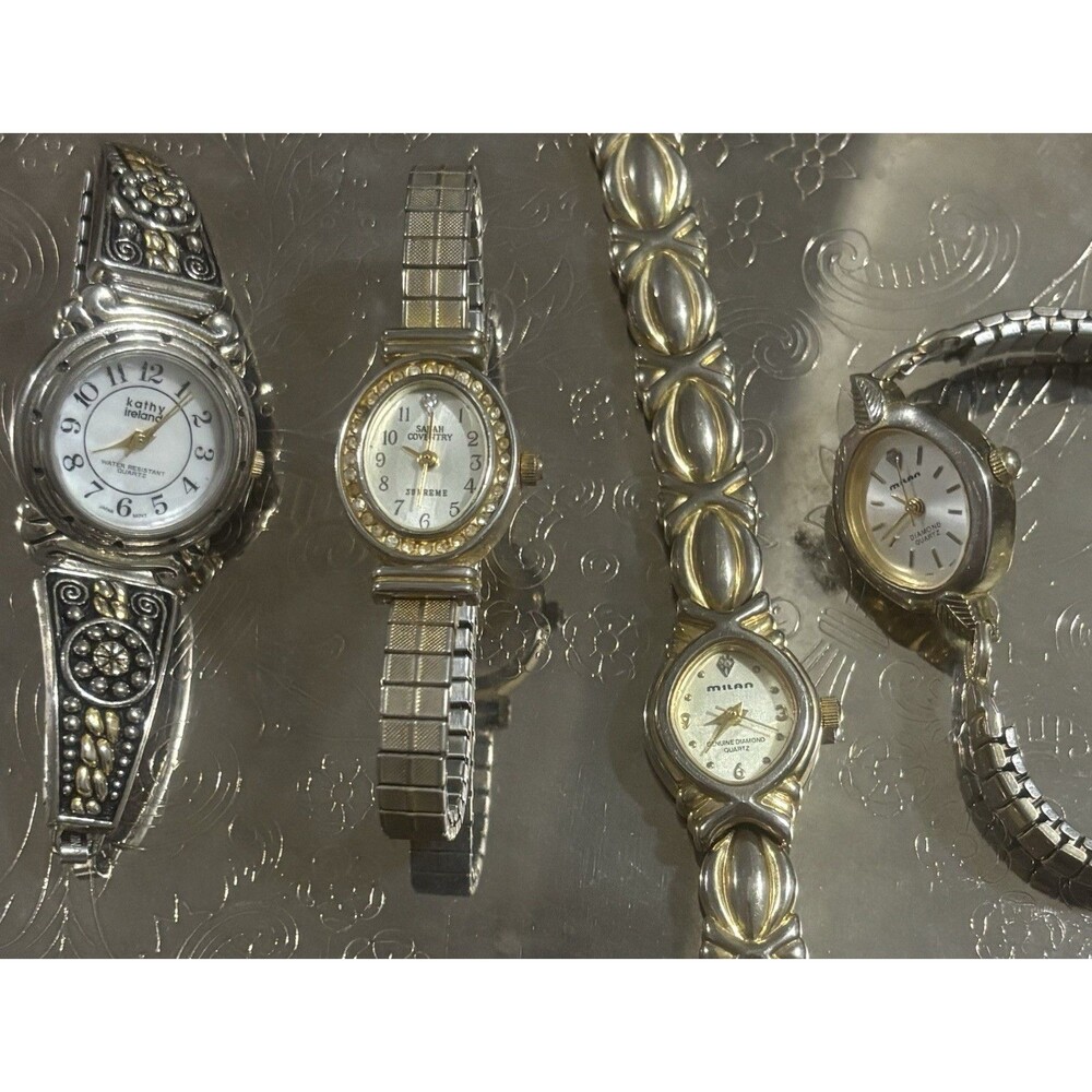 Lot of 4 Vintage Ladies Watches Kathy Ireland Sarah Coventry Milan Quartz Silver